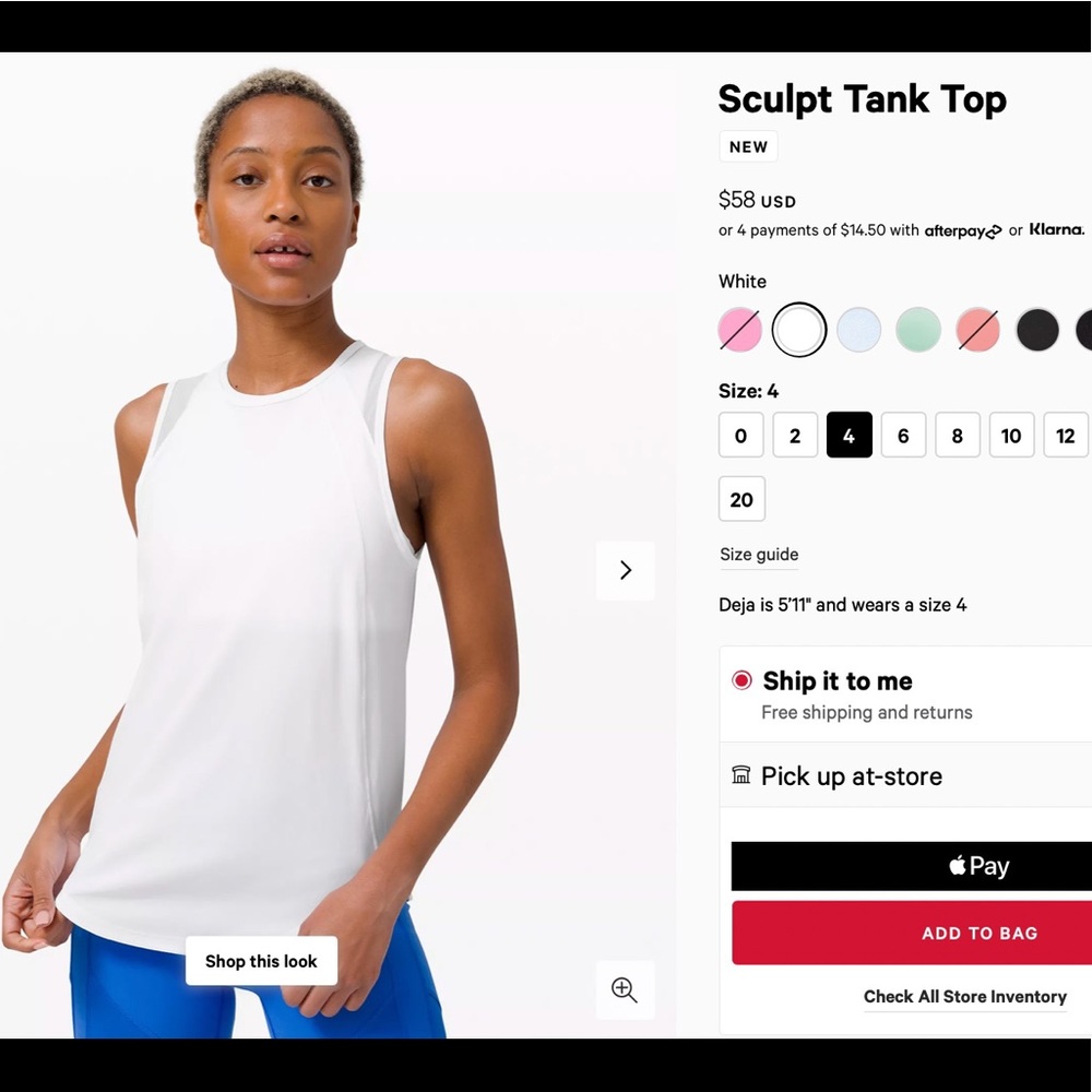 Lululemon sculpt tank size 4